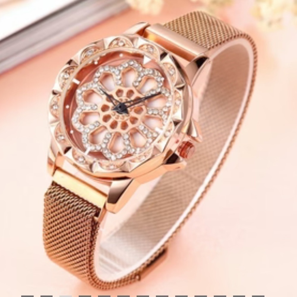 Rosy Gold Tone and Brown Mesh Magnetic Buckle Starry Sky Quartz Watch Women’s